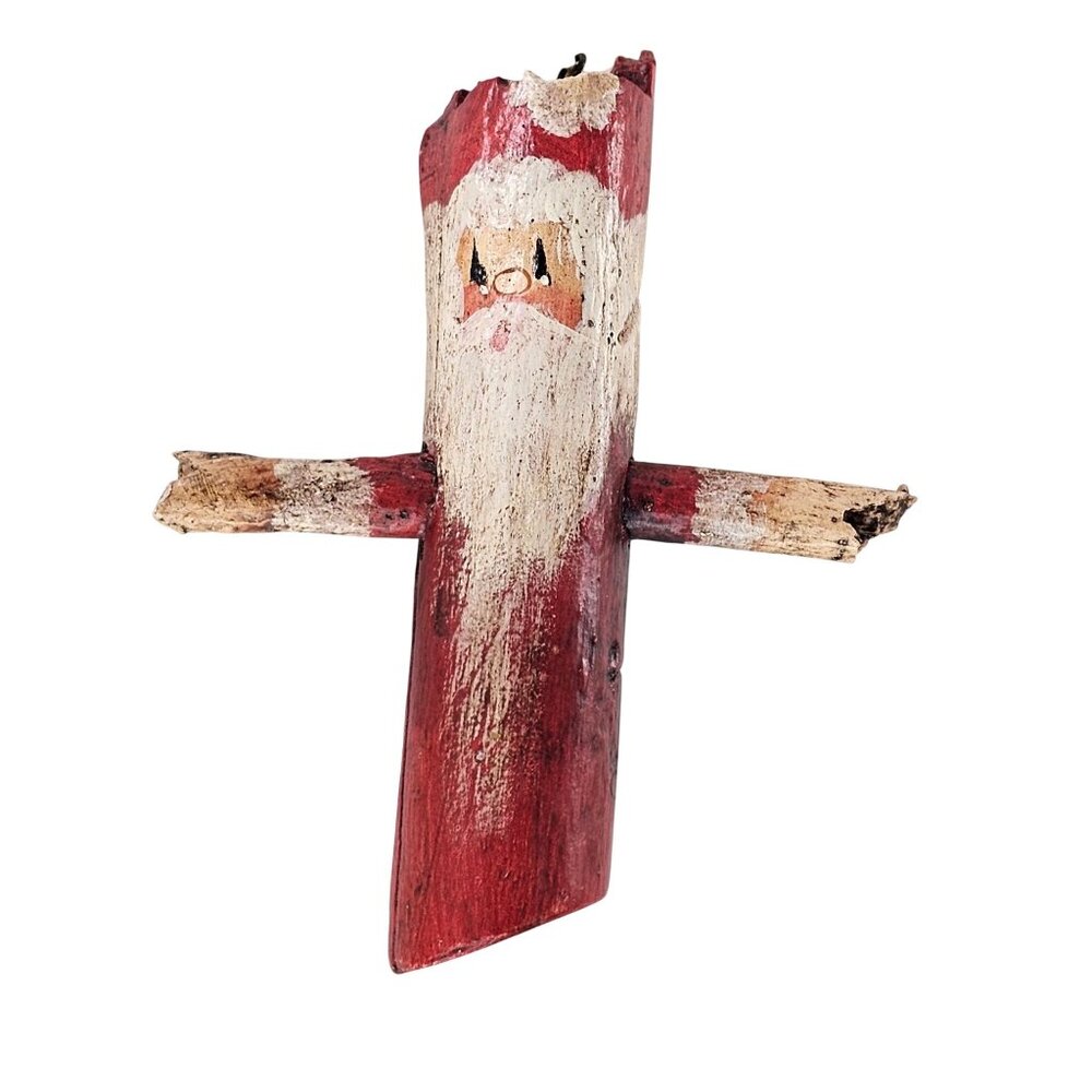 Hand Painted Wooden Stick Santa Ornament Elaine Signed 1989 Holiday Folk Art